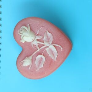 Soapstone heart-shaped trinket box pink w embossed white rose